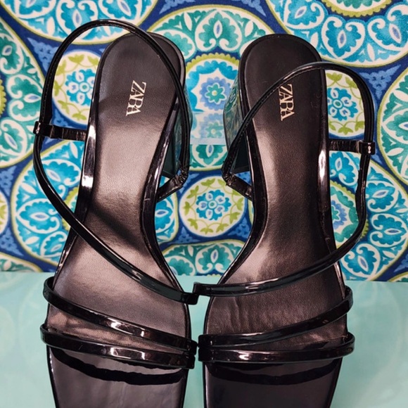 Zara Shiny Black Strappy Heels - Picture 1 of 7